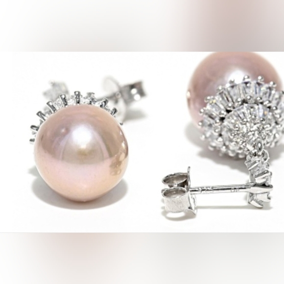 Cultured Fresh Water Pearl With Cubic Zirconia Rhodium Over Silver Earrings - Picture 2 of 4